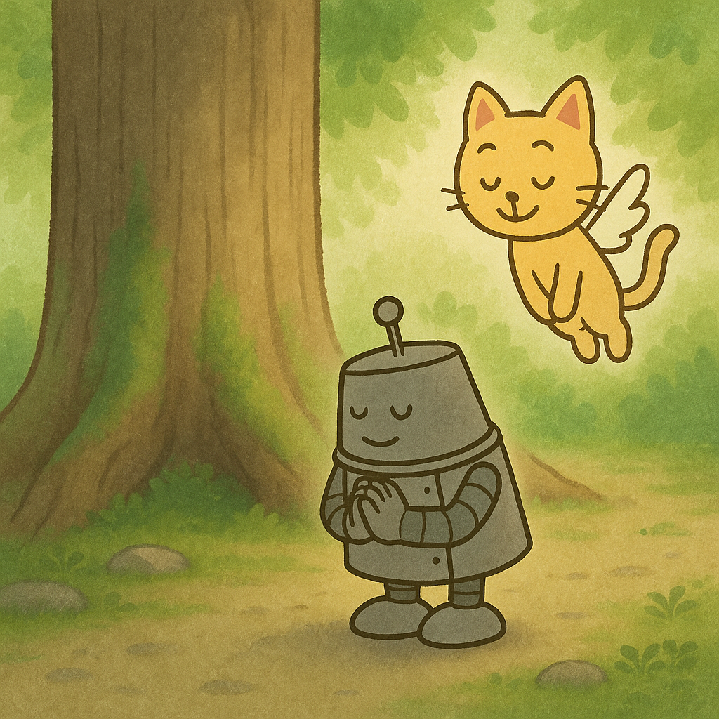 ご神木に一礼するハッチと、それを見守るココロのイラスト
