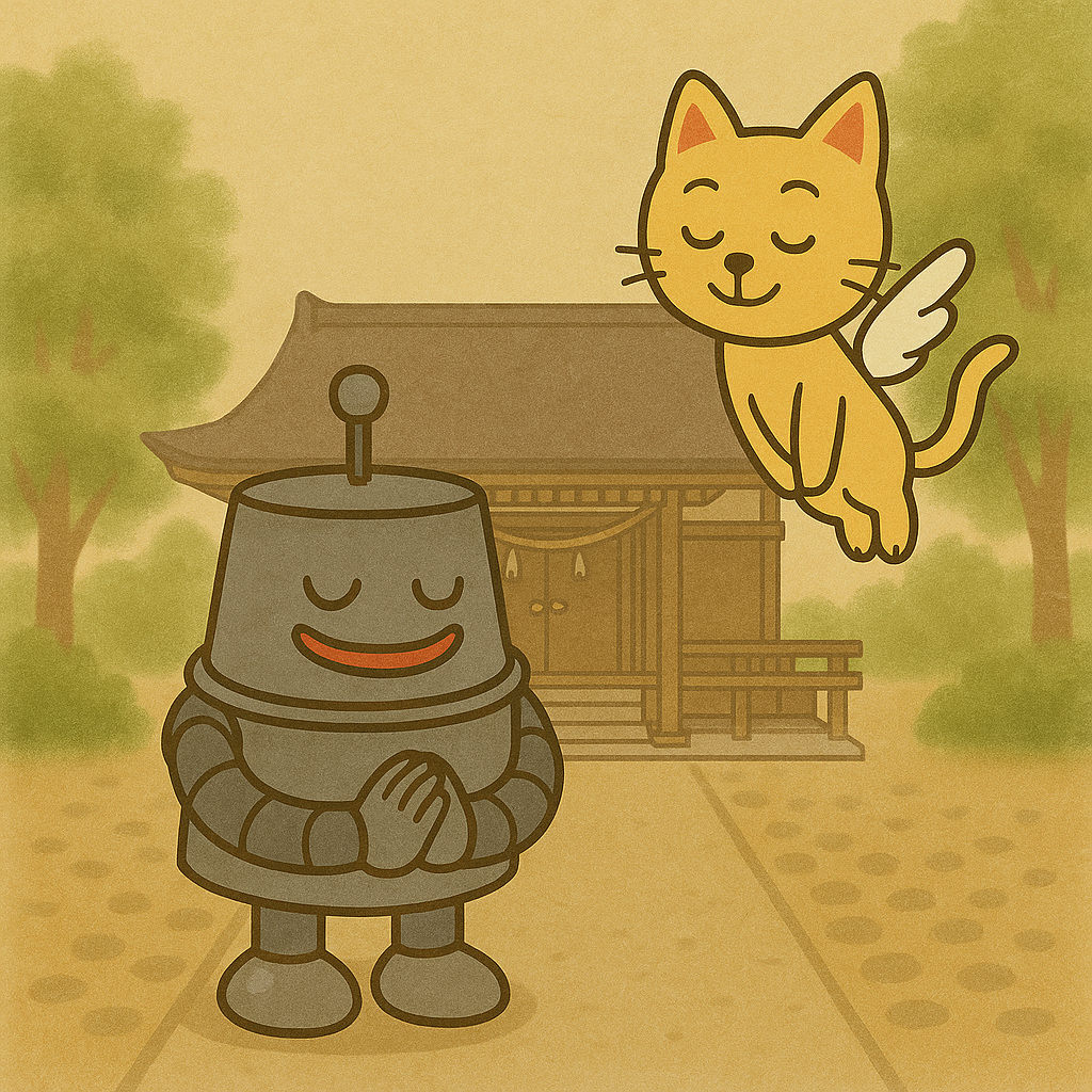 本殿の前で静かに一礼するハッチと、それを見守るココロのイラスト