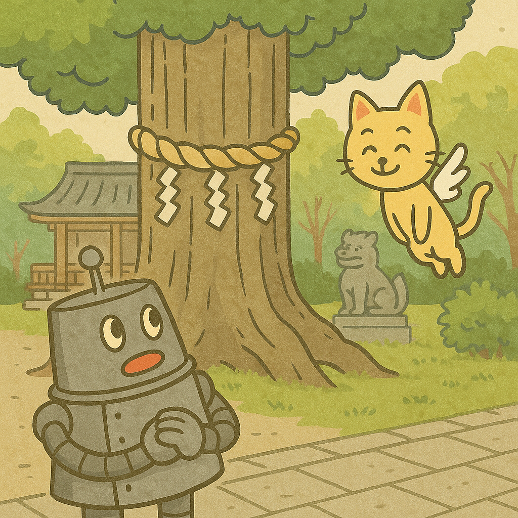 ご神木を見上げるハッチとココロのイラスト