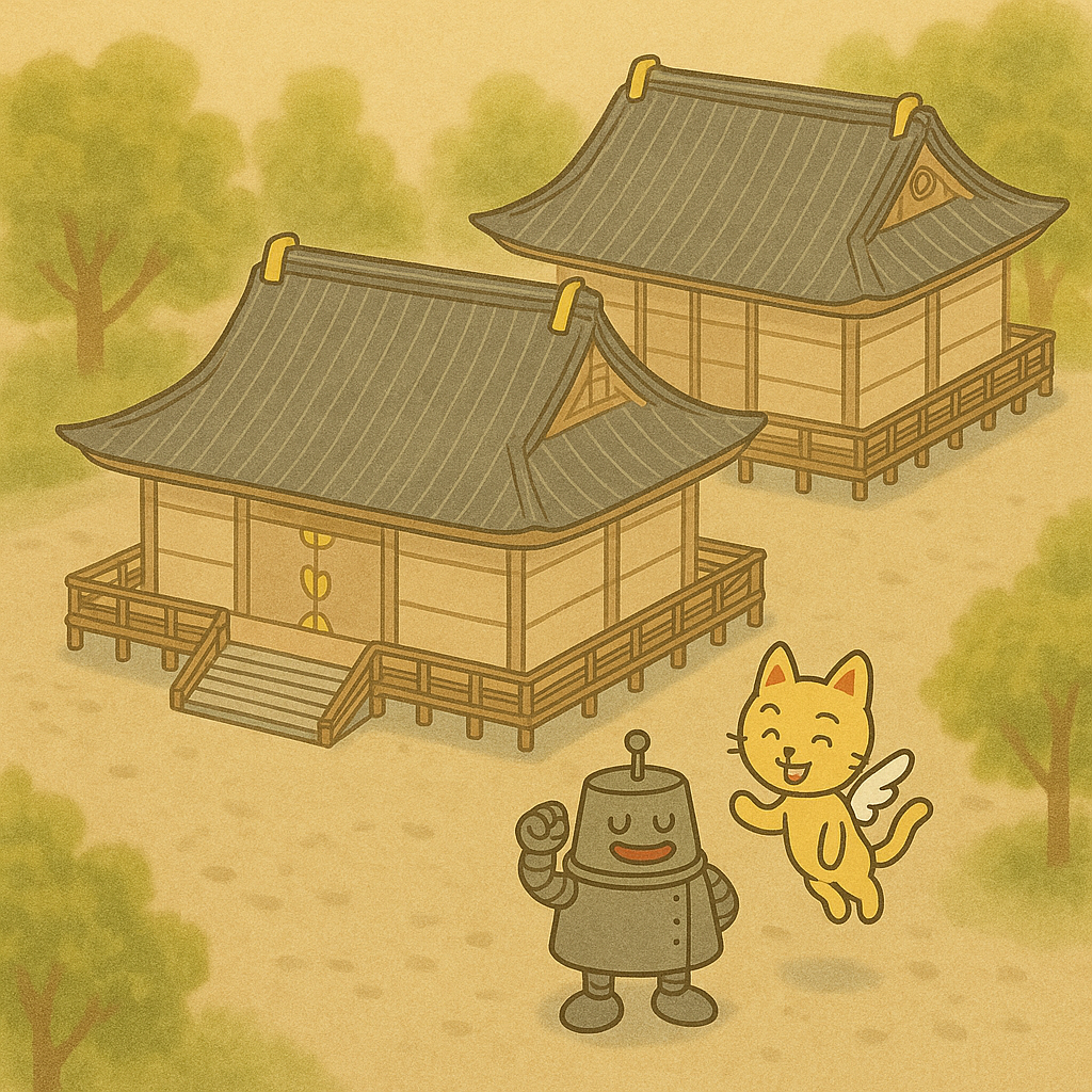 拝殿の前で会話するハッチとココロのイラスト