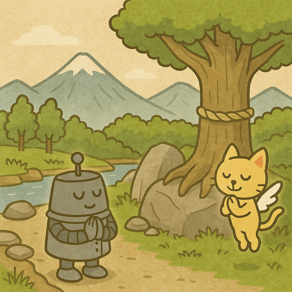 神社と自然の間で一礼するハッチと、見守るココロのイラスト