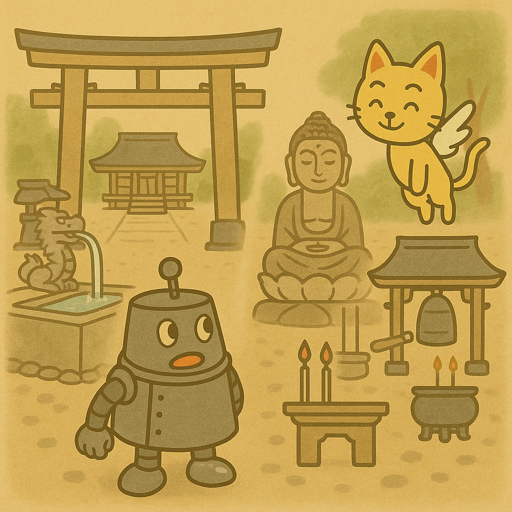 神社とお寺を見比べるハッチとココロのイラスト