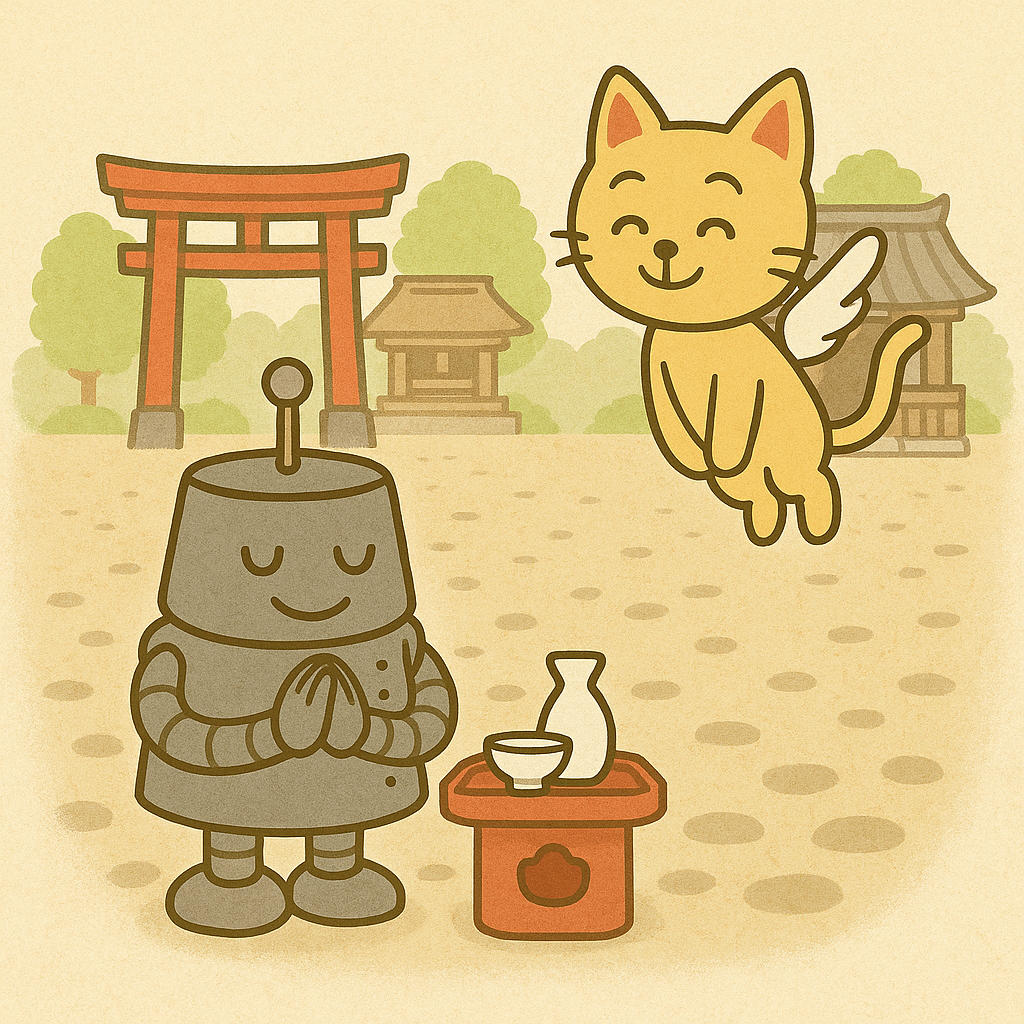 神社とお寺の間で静かに一礼するハッチと、それを見守るココロのイラスト