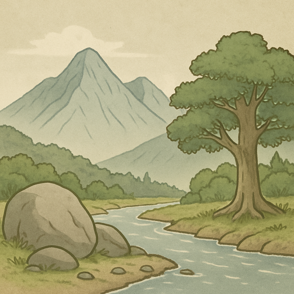 古代の山を見上げるハッチとココロのイラスト