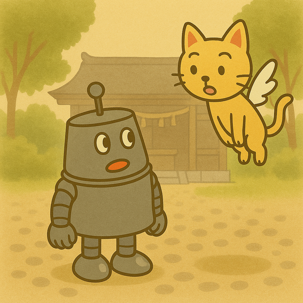 神様について話すハッチとココロのイラスト