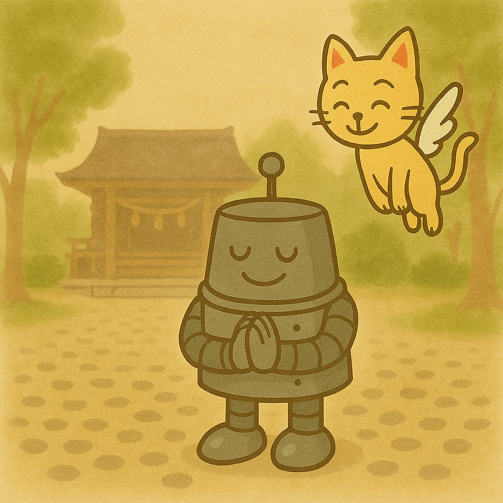 神様に一礼するハッチと、それを見守るココロのイラスト