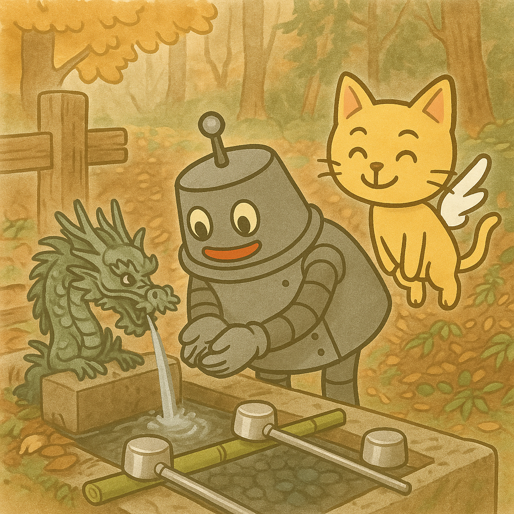 手水舎で清めるイラスト