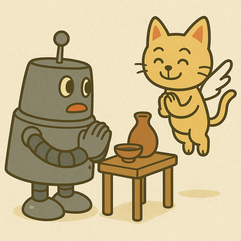 供物台の前で祈るハッチと、にっこり微笑むココロのイラスト