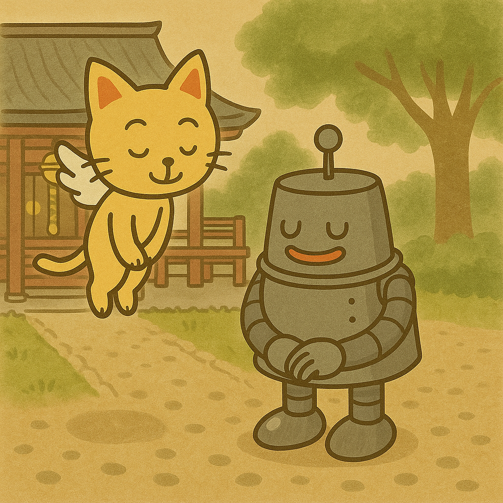 神職を見つめながら手を合わせるハッチと見守るココロのイラスト