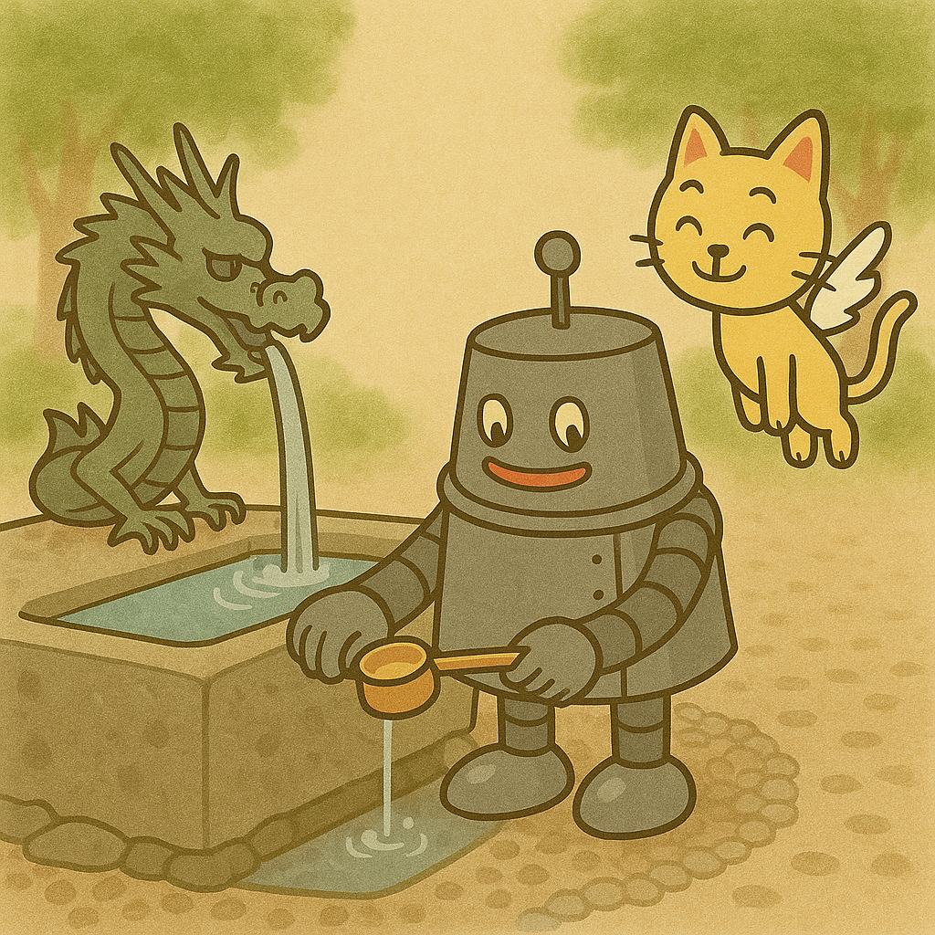 手水舎を見上げるハッチとココロのイラスト