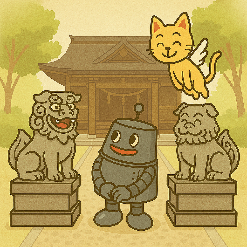 狛犬を見上げるハッチとココロのイラスト