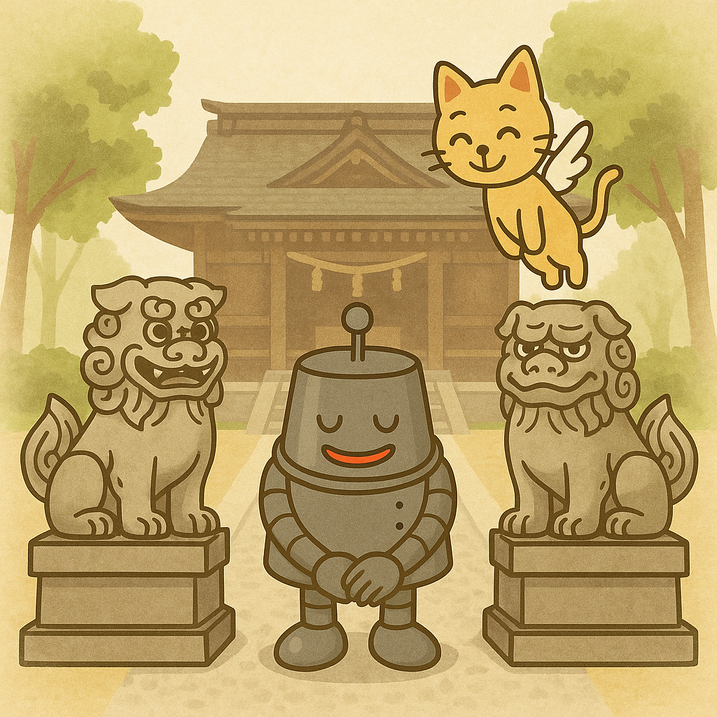狛犬にお辞儀するハッチと、それを見守るココロのイラスト