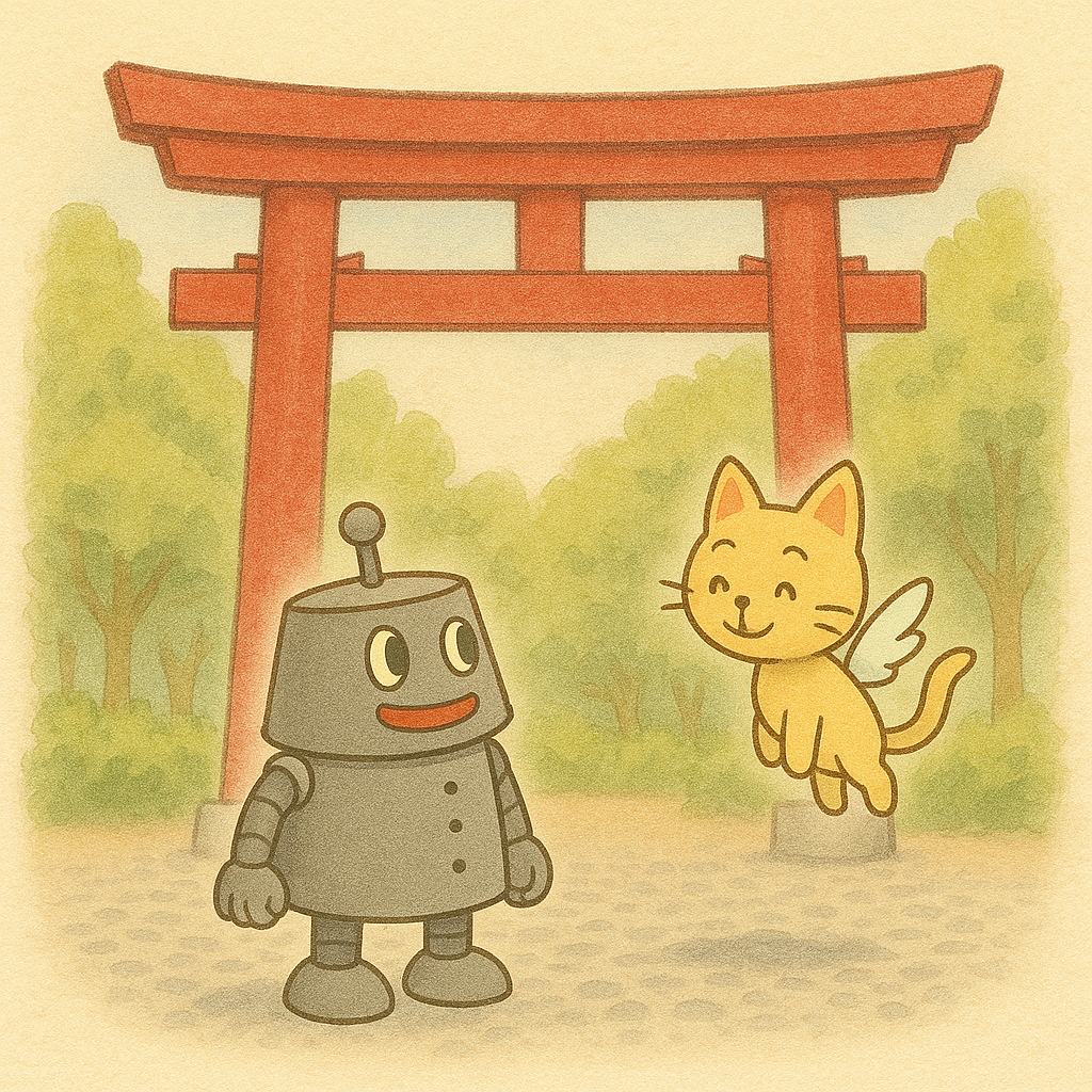 鳥居の前に立つハッチとココロのイメージイラスト