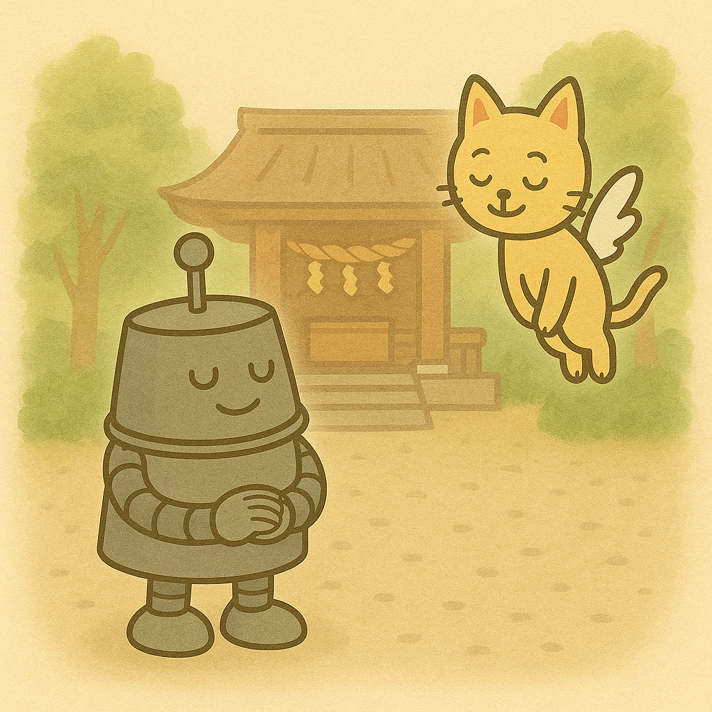 鳥居に向かってお辞儀するハッチのイラスト