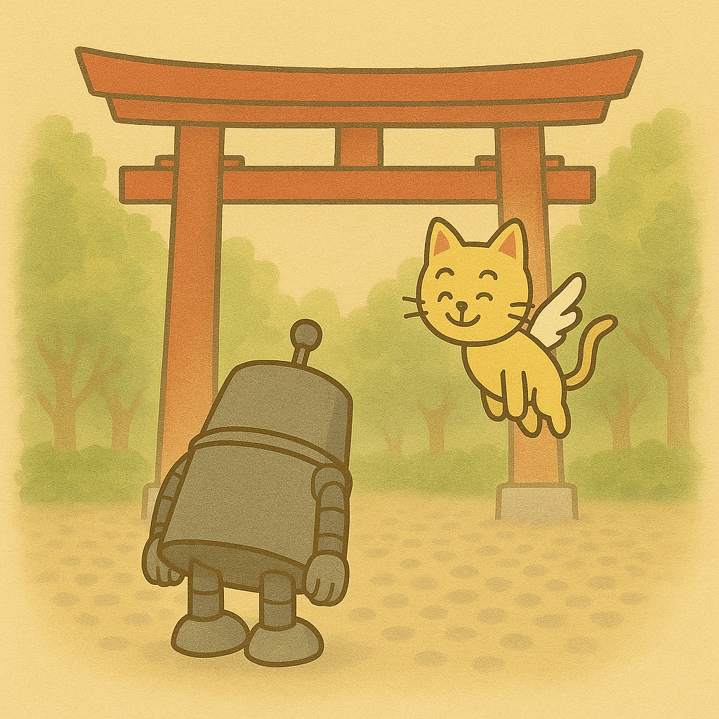 鳥居に向かってお辞儀するハッチのイラスト
