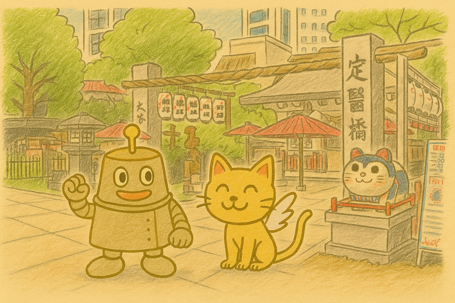 ハッチの絵日記風・露天神社を描いたクレヨンイラスト